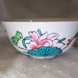 Porcelain Floral Rice Bowl - White with Teal and Pink
